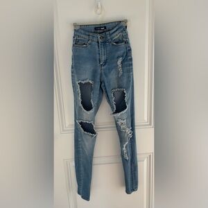 Fashion Nova Blue Distressed Skinny Jeans